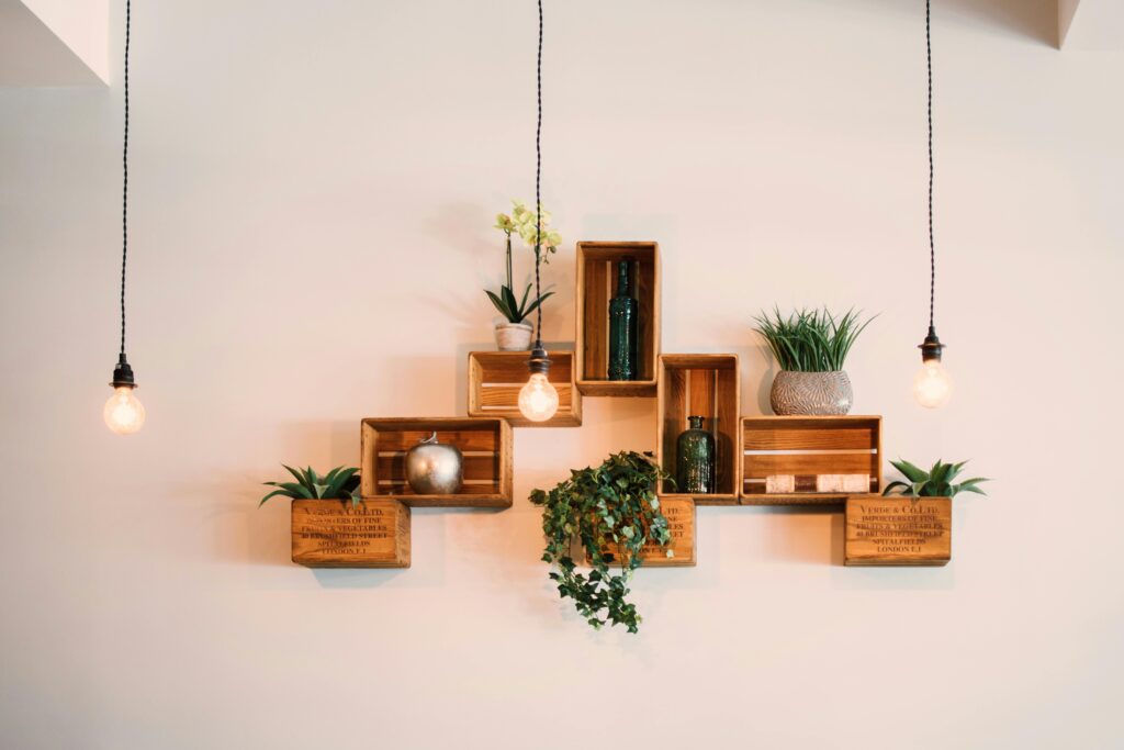 pexels-photo-1090638-1090638 Contemporary wooden shelves with plants and decor, illuminated by hanging lights.
